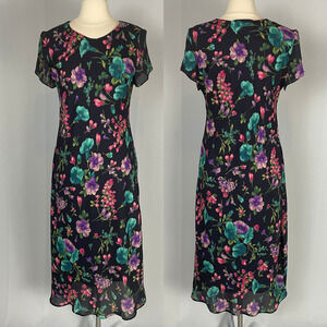 Vintage Midi Dress Womens Size 14 Petite 14P Navy Blue Floral Cottage 90s Y2K